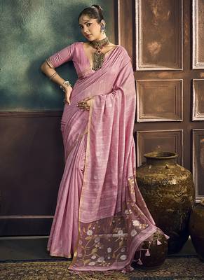 Onion pink faux cotton handloom saree with golden border 1
