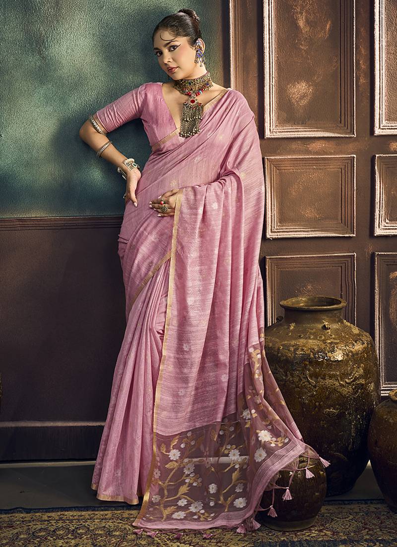 Onion pink faux cotton handloom saree with golden border