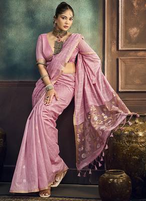 Onion pink faux cotton handloom saree with golden border 3