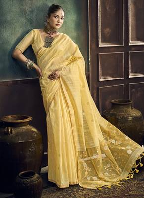 Lemon yellow faux cotton handloom saree with golden border 1