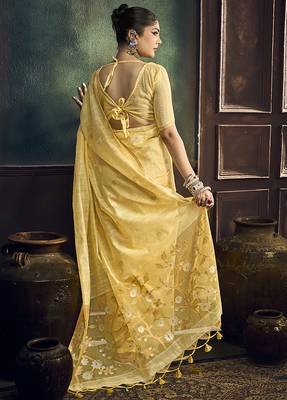 Lemon yellow faux cotton handloom saree with golden border 2