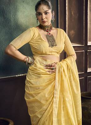 Lemon yellow faux cotton handloom saree with golden border 3
