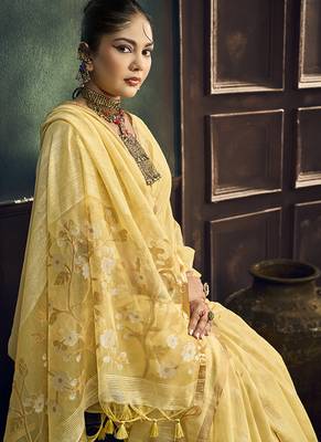 Lemon yellow faux cotton handloom saree with golden border 4