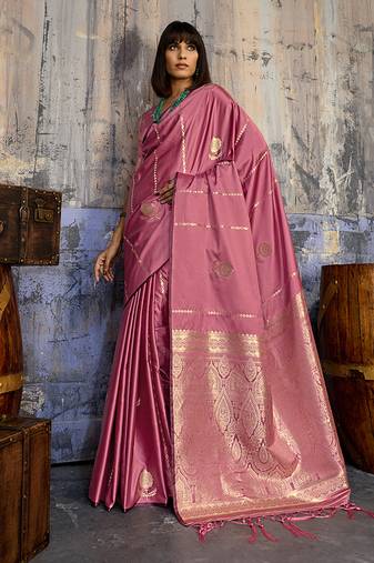 onion pink faux satin saree with zari & woven border