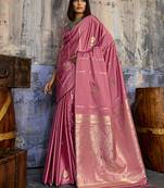 onion pink faux satin saree with zari & woven border