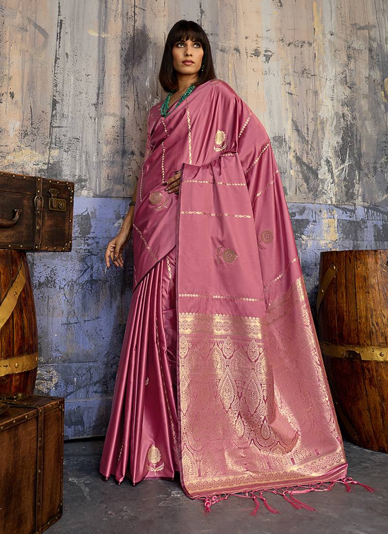 onion pink faux satin saree with zari & woven border