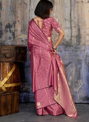 onion pink faux satin saree with zari & woven border 2