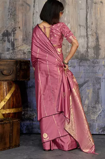 onion pink faux satin saree with zari & woven border