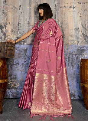 onion pink faux satin saree with zari & woven border 3