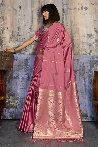 onion pink faux satin saree with zari & woven border