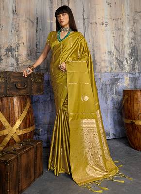 mustard gold faux satin saree with zari & woven border 1