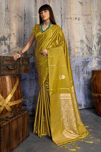 mustard gold faux satin saree with zari & woven border