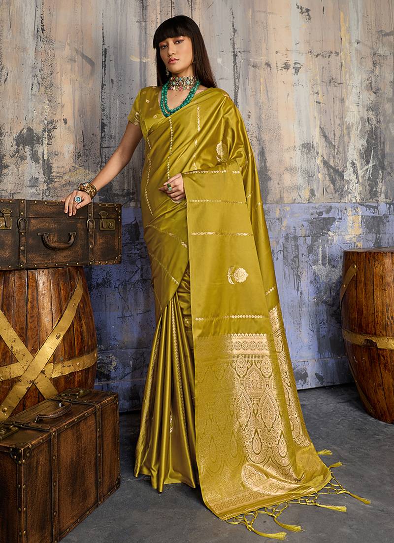 mustard gold faux satin saree with zari & woven border