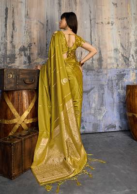 mustard gold faux satin saree with zari & woven border 2