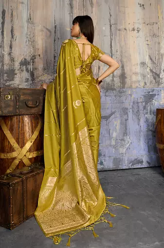 mustard gold faux satin saree with zari & woven border