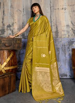 mustard gold faux satin saree with zari & woven border 3