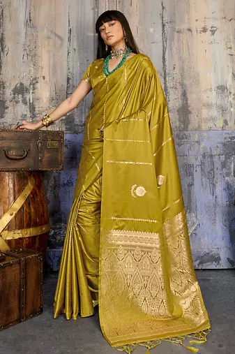 mustard gold faux satin saree with zari & woven border