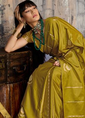 mustard gold faux satin saree with zari & woven border 4