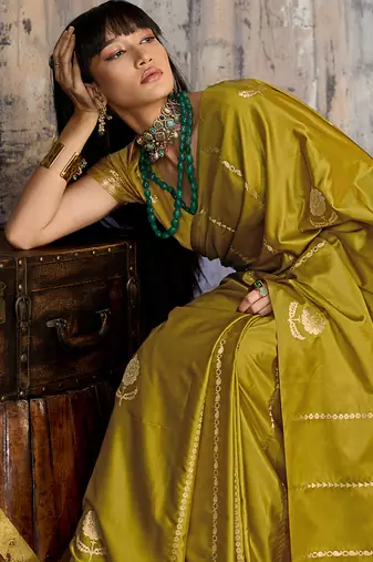 mustard gold faux satin saree with zari & woven border