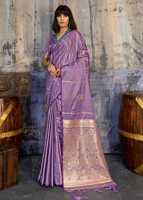 lavender purple faux satin saree with zari & woven border 1
