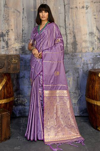 lavender purple faux satin saree with zari & woven border