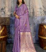 lavender purple faux satin saree with zari & woven border