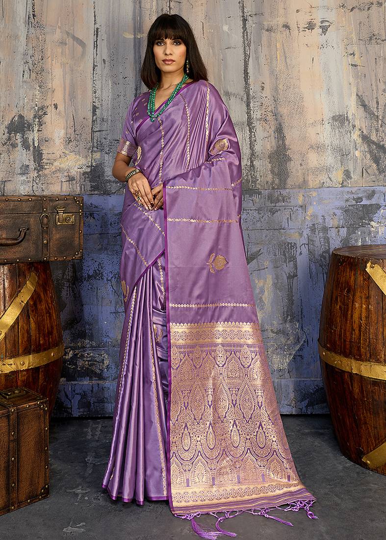 lavender purple faux satin saree with zari & woven border