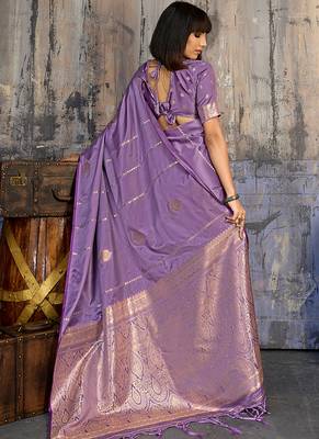 lavender purple faux satin saree with zari & woven border 2