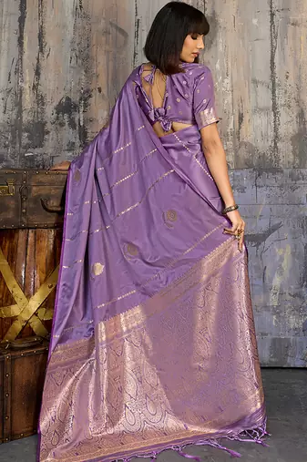 lavender purple faux satin saree with zari & woven border