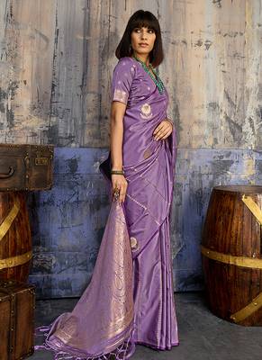 lavender purple faux satin saree with zari & woven border 3