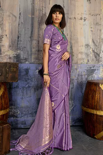 lavender purple faux satin saree with zari & woven border