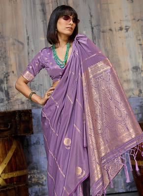 lavender purple faux satin saree with zari & woven border 4