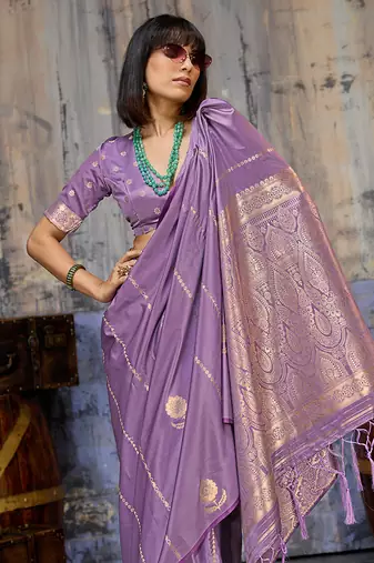 lavender purple faux satin saree with zari & woven border
