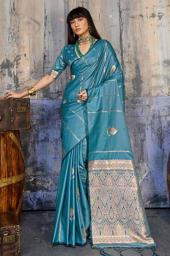 aqua blue faux satin saree with zari & woven border
