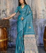 aqua blue faux satin saree with zari & woven border