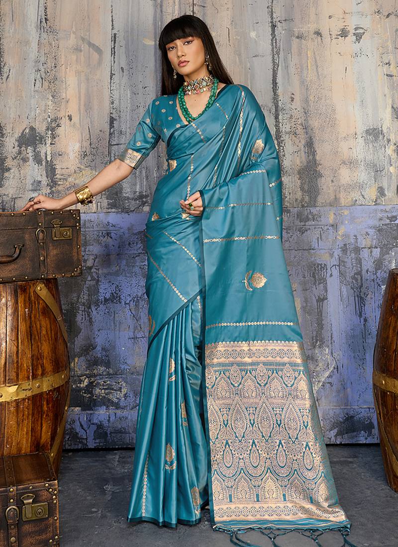 aqua blue faux satin saree with zari & woven border