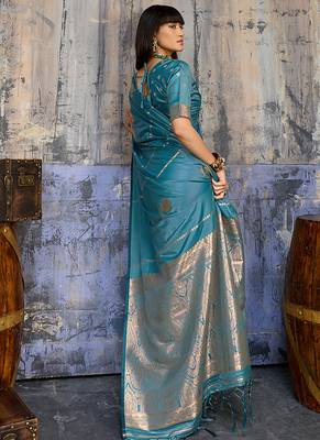 aqua blue faux satin saree with zari & woven border 2
