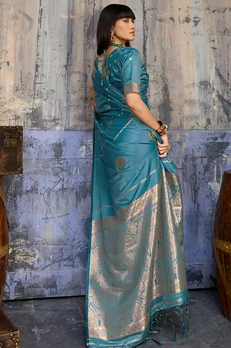 aqua blue faux satin saree with zari & woven border