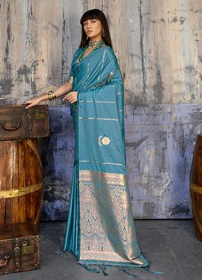 aqua blue faux satin saree with zari & woven border 3