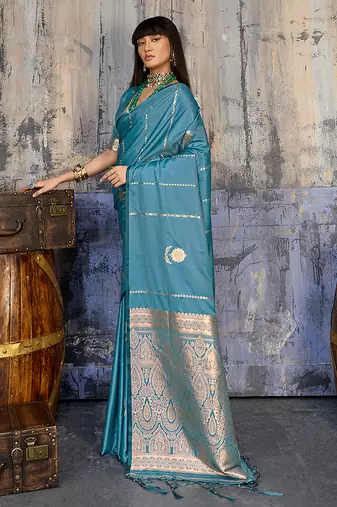 aqua blue faux satin saree with zari & woven border