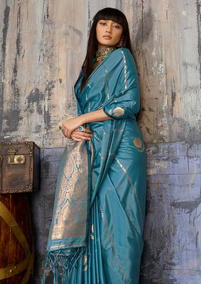 aqua blue faux satin saree with zari & woven border 4