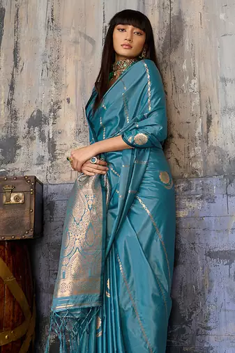 aqua blue faux satin saree with zari & woven border