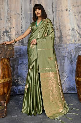 olive green faux satin saree with zari & woven border