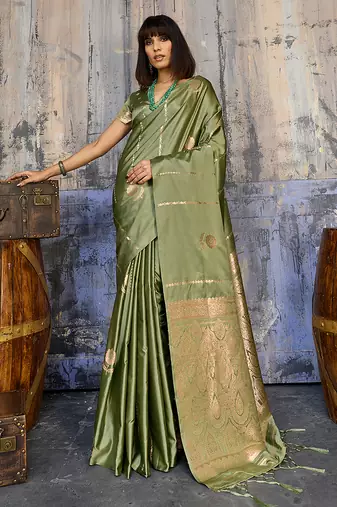 olive green faux satin saree with zari & woven border