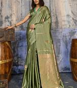 olive green faux satin saree with zari & woven border
