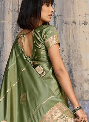 olive green faux satin saree with zari & woven border 2