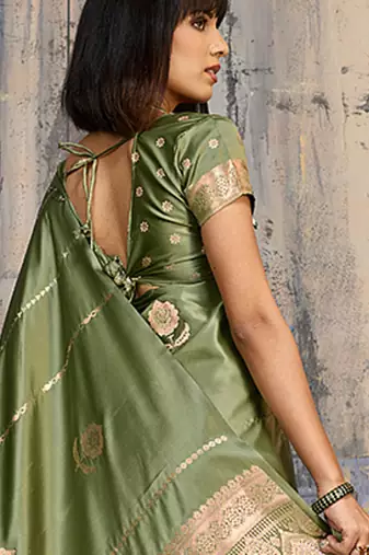 olive green faux satin saree with zari & woven border