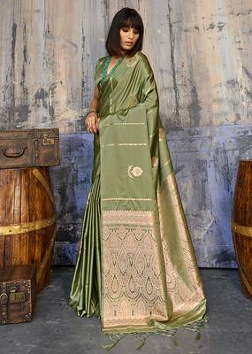 olive green faux satin saree with zari & woven border 3