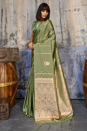 olive green faux satin saree with zari & woven border