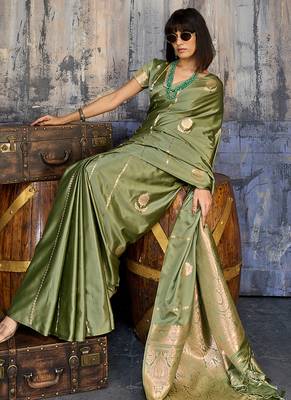olive green faux satin saree with zari & woven border 4